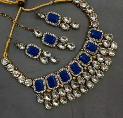 Heavy Premium Style Blue Stone Kundan Choker Necklace Set For Women & Girls