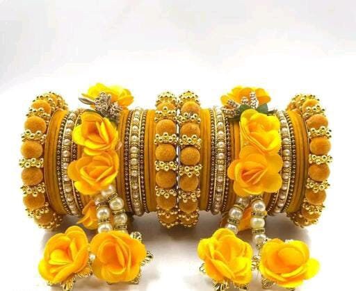 Haldi Ceremony Latkan Yellow Flower Bangles Indian Weddings Bangles Metal Pink, Golden Bangles Wedding Jewelry, Personalized Bangles