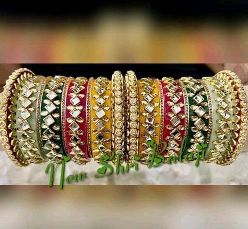 Colorfull Handmade Mirror Bangles/Indian Wedding Punjabi Chooda/Red Chura Bangles/ Bridal Punjabi Chura Wear Golden Chura Set for Marriage