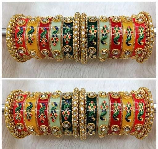 Peacock Rajwadi Chuda Set/ Colorfull Handmade Mirror Bangles/Indian Wedding Punjabi Chooda/Red Chura Bangles/ Golden Chura Set for Marriage