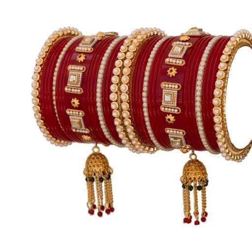 Rajasthani Kundan Latkan Red Bangles/Indian Wedding Punjabi Chooda/Red Chura Bangles/ Bridal Punjabi Chura Wear Red Chura Set for Marriage