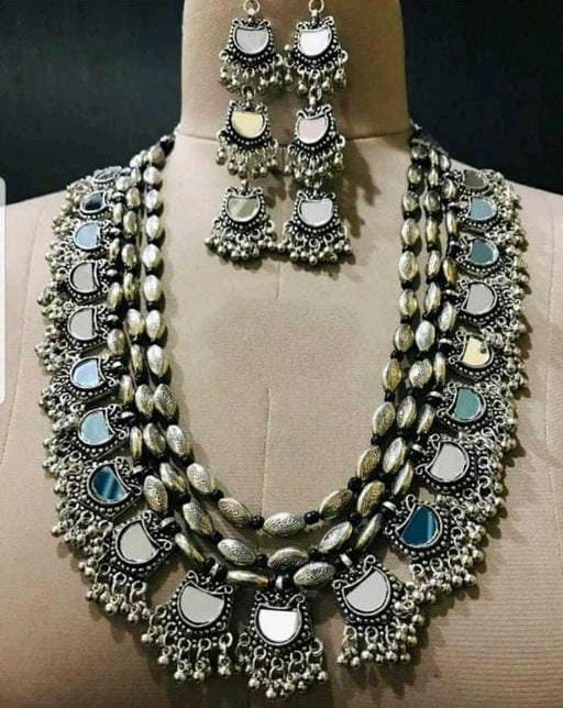 Mirror Oxidized Kundan Choker Set, Handcrafted Choker With Jhumki Earrings, Antique Dual Tone Jewelry, Indian Necklace Combo Free Delivery