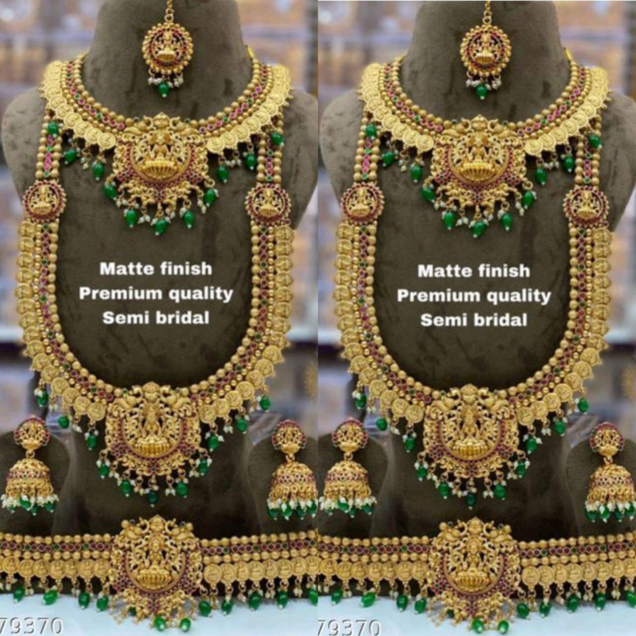 Traditional South Indian Temple Laxmi Coin Green Pearls Bridal Necklace Set With Earrings, Maangtikka, Kamarband Set/ Bridal Indian Necklace