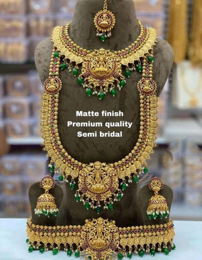 Traditional South Indian Temple Laxmi Coin Green Pearls Bridal Necklace Set With Earrings, Maangtikka, Kamarband Set/ Bridal Indian Necklace