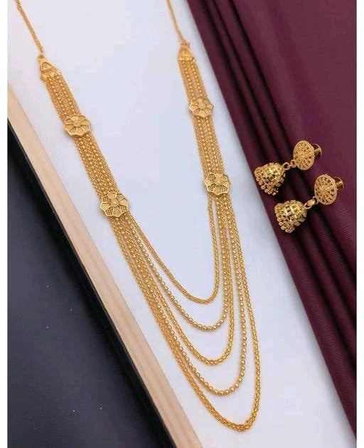 Golden Long Layered Gold Polish Victorian Look Jewellery Set For Women & Girls