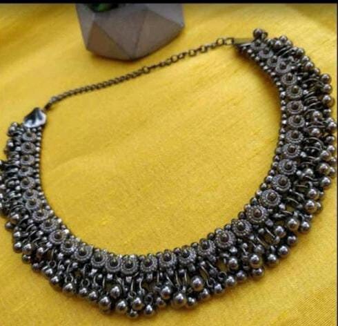 Ghungru Oxidised Choker Necklace Set, Silver Black Polish Necklace, Indian Jewelry, Indian Necklace Set, Wedding Silver Jewellery Set