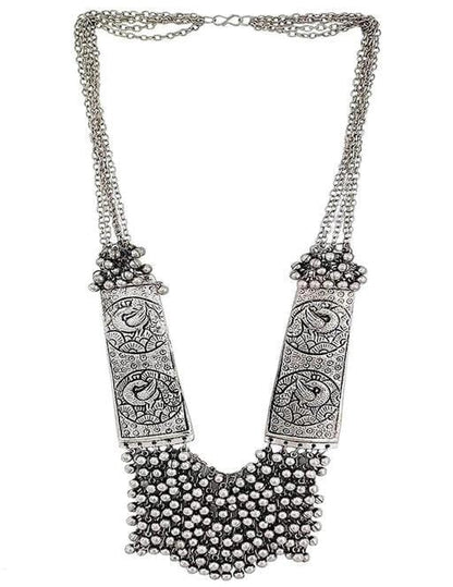 Long Oxidised Kalamkari Necklace Set, Kalamkari Silver Long Neck Chain Set, Silver Jewelry, Indian Jewelry, Oxidised Jewellery Set, Chains