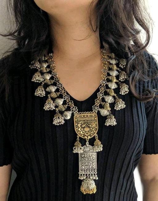 Fusion Long Ghungroo Jhumki Necklace Set , Silver Oxidized Indian Ethnic Jewelry, Banjara, Gothic, Gift For Her, Free Shipping