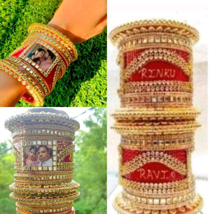 Customised Bridal Chura, Personalized Image Dulha Dulhan Name Indian bangles, Red Dotted Chura, Red Punjabi Choora, Handmade Kundan Bangles