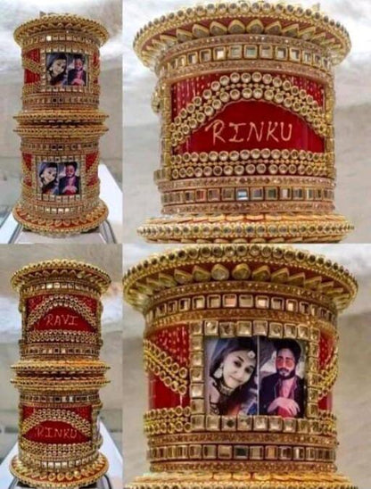 Customised Bridal Chura, Personalized Image Dulha Dulhan Name Indian bangles, Red Dotted Chura, Red Punjabi Choora, Handmade Kundan Bangles