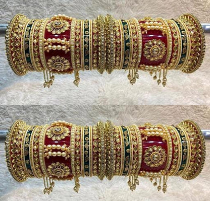 Kundan Studded Handcrafted Bangles/Indian Wedding Punjabi Chooda/Red Chura Bangles/ Bridal Punjabi Chura Wear Golden Chura Set for Marriage