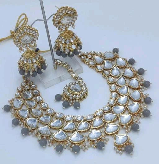 Bridal Heavy Grey Meenakari Polki Kundan Work Oxidised Gold Necklace Jewlery Set For Bridal