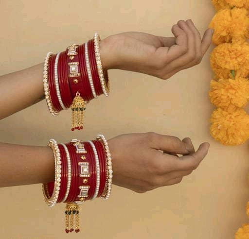 Rajasthani Kundan Latkan Red Bangles/Indian Wedding Punjabi Chooda/Red Chura Bangles/ Bridal Punjabi Chura Wear Red Chura Set for Marriage