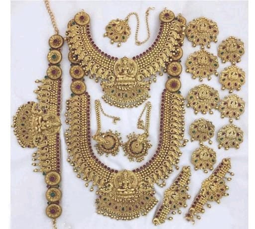 Traditional Long Matte Golden Temple South Indian Bridal Jewellry Set With Earrings, Maangtika And Hair Choti Hip Belt Bajuband Bridal Combo