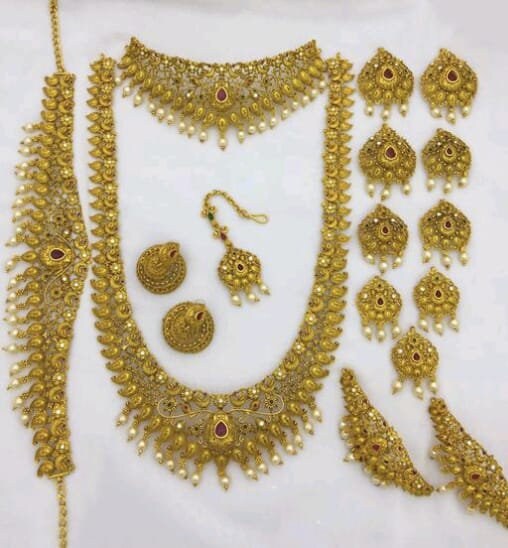 Ruby Stone Long Matte Golden CZ South Indian Bridal Jewellry Set With Earrings, Maangtika And Hair Choti Hip Belt Bajuband Bridal Combo Set