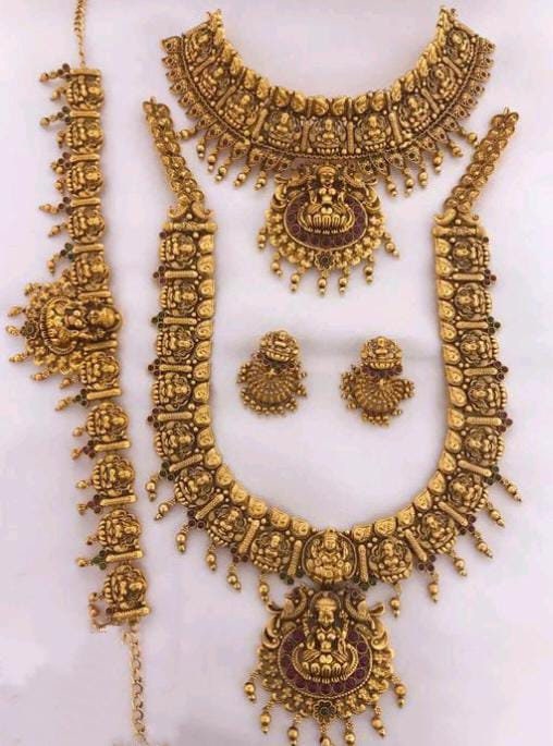 Ethnic Long Matte Golden Temple South Indian Bridal Jewellry Set With Earrings, Maangtika And Hair Choti Hip Belt Bridal Combo, Necklace