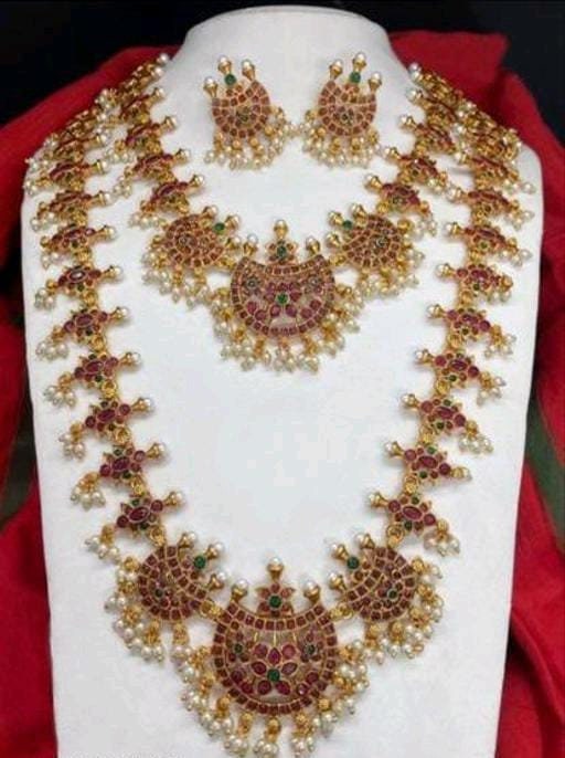 Ruby Stone Gold Plated Indian Designer Copper Matte Finish South Indian Jewelry Set For Women, Gold Plated Necklace Set, Golden Necklace Set