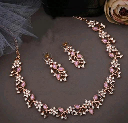 Beautiful Crystal Rose Gold Pink American Diamond Jewlery Necklace Set for Women & Girls