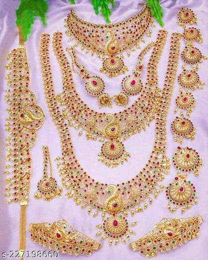 Antique Long Matte Cubic Gold New South Indian Bridal Jewellry Set With Earrings, Maangtika And Hair Choti Hip Belt Bridal Combo, Necklace