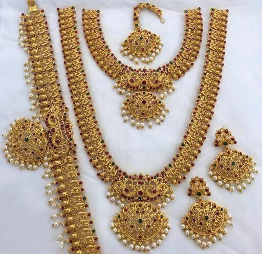 Cubic Zirconia Gold Plated Necklace With Waist Belt, Maangtikka, Earrings Set, Heavy Gold Plated Bridal Jewellery Set, South Indian Necklace