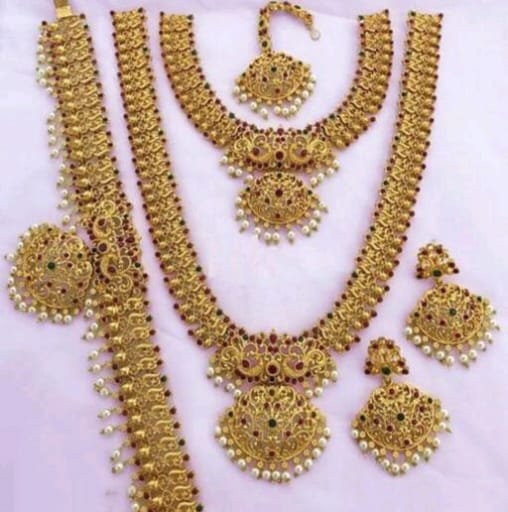 Cubic Zirconia Gold Plated Necklace With Waist Belt, Maangtikka, Earrings Set, Heavy Gold Plated Bridal Jewellery Set, South Indian Necklace