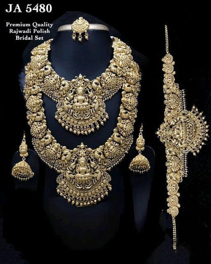 Traditional South Indian Temple Laxmi Coin Heavy Long Bridal Necklace Set With Earrings, Maangtikka, Kamarband Set/ Bridal Indian Necklace