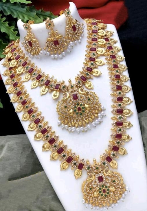 Cubic Zirconia Gold Plated Necklace Set, Heavy Gold Plated Bridal Jewellery Set, South Indian Necklace, Ruby Gemstone Golden Choker Set