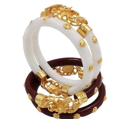 Bengali Gold Binding Bangles, Shakha Pola Bangles, Mehroon White Copper Plated Bangles, Acrylic Bangles, Bangoli Acrylic Wedding Set