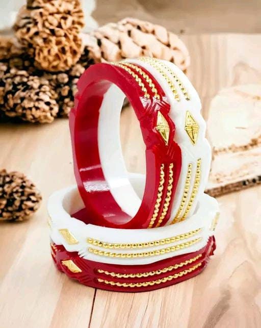 Traditional Bengali Gold Binding Bangles, Shakha Pola Bangles, Red White Copper Plated Bangles, Acrylic Bangles, Bangoli Acrylic Wedding Set