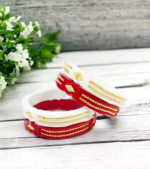 Traditional Bengali Gold Binding Bangles, Shakha Pola Bangles, Red White Copper Plated Bangles, Acrylic Bangles, Bangoli Acrylic Wedding Set