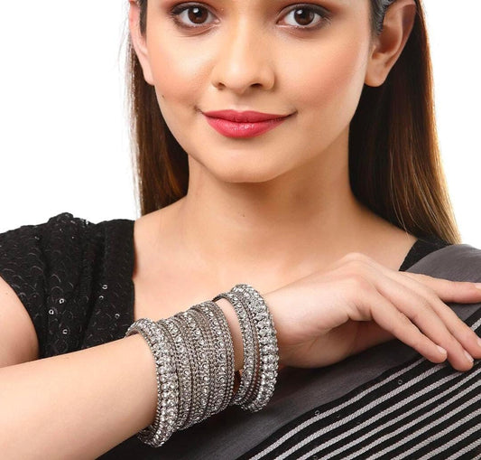 Designer Silver Bangles Set, Cubic Zirconia Metal Bangles, Gemstone Studded Bangles, Glossy Traditional Bangles, AD Silver Stone Bangle Set