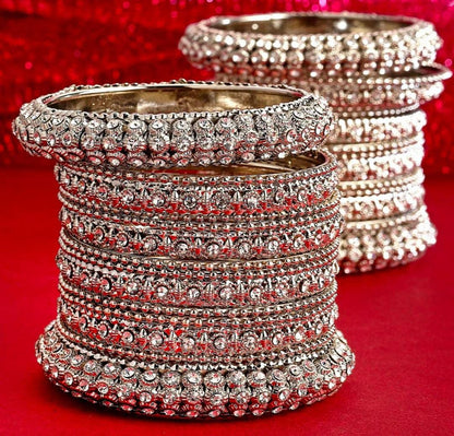 Designer Silver Bangles Set, Cubic Zirconia Metal Bangles, Gemstone Studded Bangles, Glossy Traditional Bangles, AD Silver Stone Bangle Set