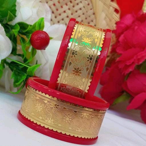 Big Size New Gold Plated Kada Bangles, Shakha Pola Bangles, Red White Copper Plated Bangles, Acrylic Bangles, Bangoli Acrylic Wedding Set