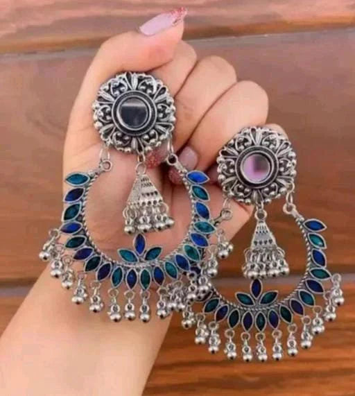 Indian Ethnic Style Blue Mirror Chandbaali Oxidized Earrings For Women & Girls