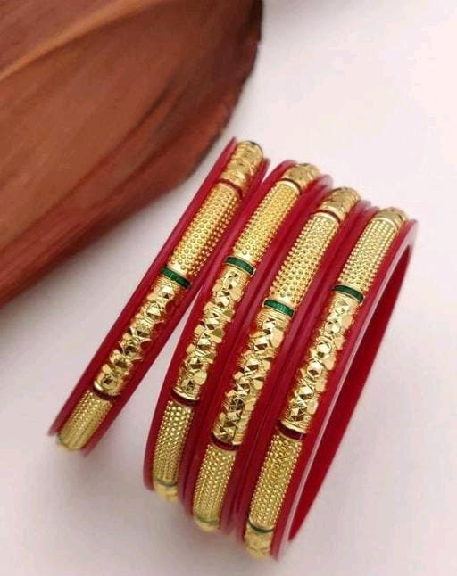 Rajasthani Red Copper Gold Binding Pola Bangles, Shakha Pola Bangles, Red Acrylic Bangles, Bangoli Bangles, Golden Bangles, Pola Bangles