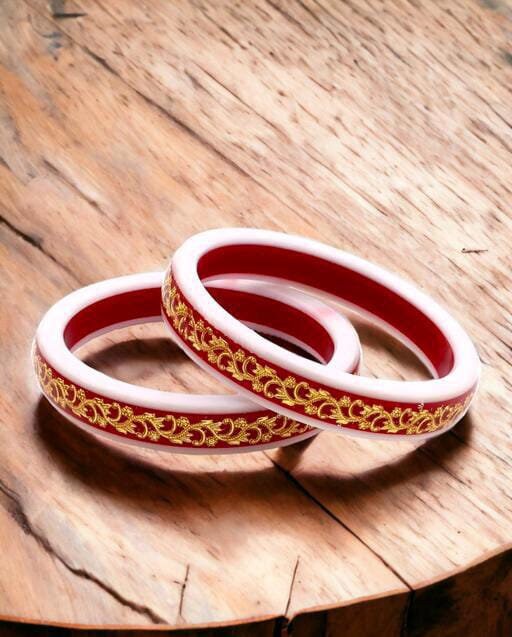 Acrylic Red Copper Gold Binding Pola Bangles, Shakha Pola Bangles, Red Acrylic Bangles, Bangoli Bangles, Golden Bangles, Pola Bangles