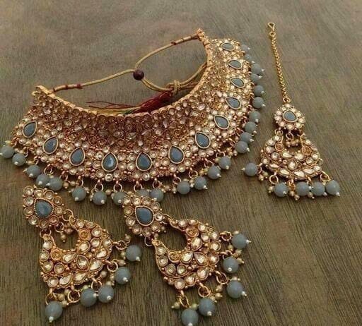 Grey Glass New Kundan Ethnic Choker Set Earrings Maang Tikka, Jaipuri Indian Choker, Big Jhumki With Choker, Elegant Trendy Necklace pearls