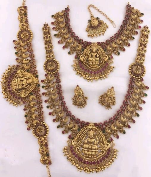 Ethnic Bridal South Indian Temple Laxmi Coin Heavy Long Bridal Necklace Set With Earrings, Maangtikka, Kamarband Set/ Bridal Indian Necklace