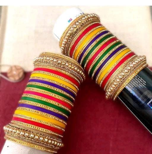 Multicolored Handmade Stone Bangles/Indian Wedding Punjabi Chooda/Red Chura Bangles/ Bridal Punjabi Chura Wear Golden Chura Set for Marriage