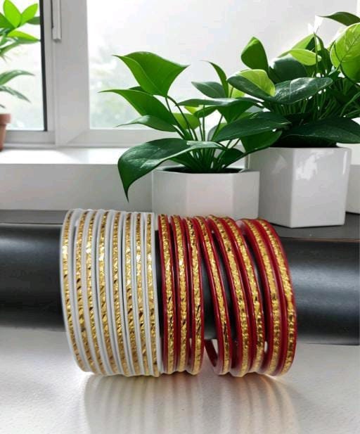 16 Shakha Pola Bengali Gold Binding Bangles, Shakha Pola Bangles, Red White Copper Bangles, Acrylic Bangles, Bangoli Acrylic Wedding Set