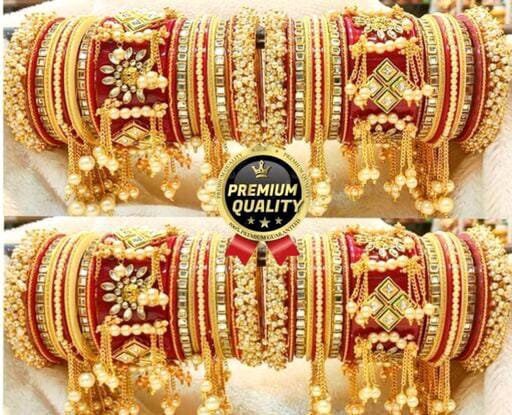 Latkan Jhumki Kundan pearls Indian bangles, Kundan Red Golden Chura, Red Punjabi Choora, New Daily Wear Chura Indian Jewelry Chura bangle