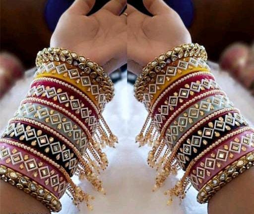 Handmade Colorfull Kundan Bangles/Indian Wedding Punjabi Chooda/Red Chura Bangles/ Bridal Punjabi Chura Wear Golden Chura Set for Marriage