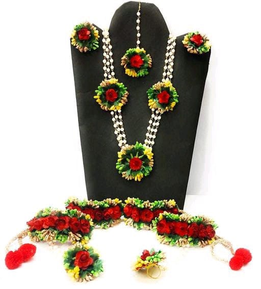 Long Multicolor Artificial Flower Jewelry Bridal Bridesmaid Floral Jewelry Set Haldi Wedding Mehndi Night Artificial Floral Jewelry Set