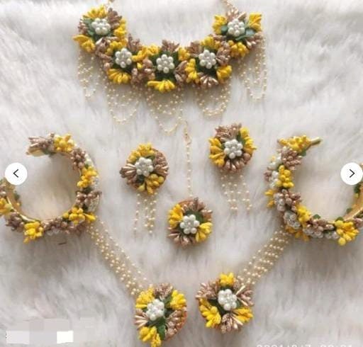 Charming Floral White, Yellow And Golden Jewelry Set For Brides & Bridesmaid | Handmade Floral Jewelry For Haldi Function, Wedding Jewelry