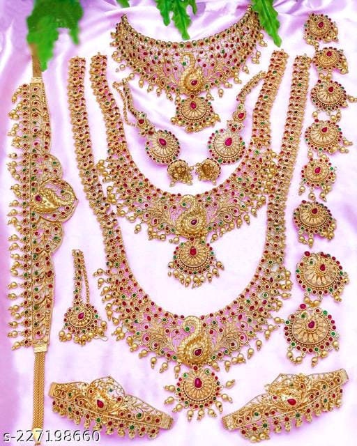 Antique Long Matte Cubic Gold New South Indian Bridal Jewellry Set With Earrings, Maangtika And Hair Choti Hip Belt Bridal Combo, Necklace