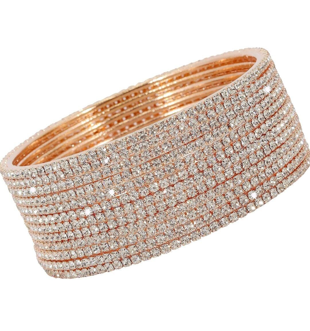 Rose Gold 12 Bangles Set, Cubic Zirconia Metal Bangles, Gemstone Studded Bangles, Glossy Traditional Bangles, AD Bangle Set