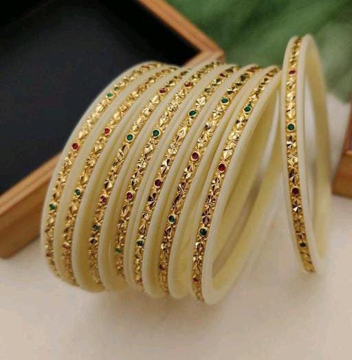 Pack Of 8 White Gold Binding Pola Bangles, Shakha Pola Bangles, White Bangles, Acrylic Bangles, Bangoli Bangles, Golden Bangles,Pola Bangles