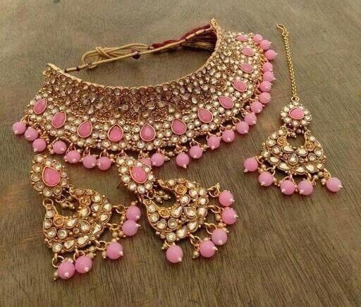 Baby Pink Glass Kundan Ethnic Choker Set Earrings Maang Tikka, Jaipuri Indian Choker, Big Jhumki With Choker, Elegant Trendy Necklace pearls