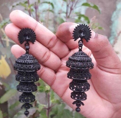 Temple Long Black Jhumka Earrings/ Silver oxidized jhumka/long jhumka/heavy jhumka with tassel/long jhumka/big jhumka earrings/long earrings