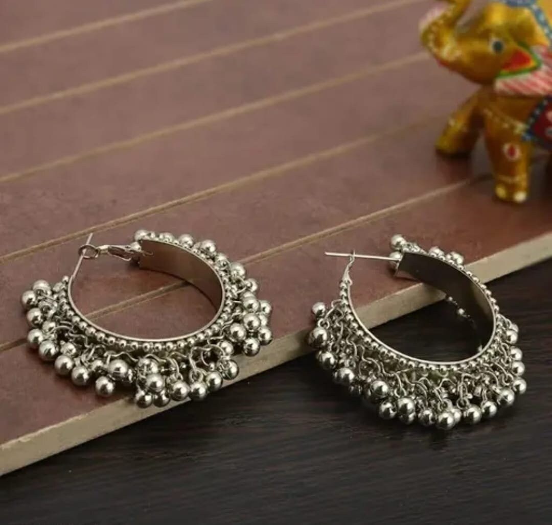 Bollywood Oxidized Hoop Earrings, Big Ghungroo Earrings, Handmade Silver Earrings, Ethnic Silver Earrings, Indian Hoops, Partywear Jhumki